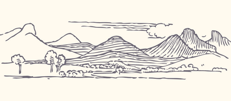 Bergige Landschaft mit Hügeln im Vordergrund.